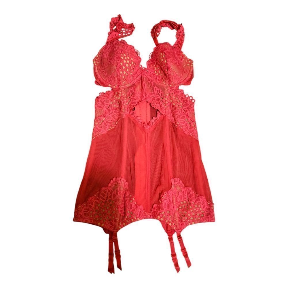 VICTORIA'S SECRET Hot Pink/Nude Lace Mesh Corset Teddie - Size 34C